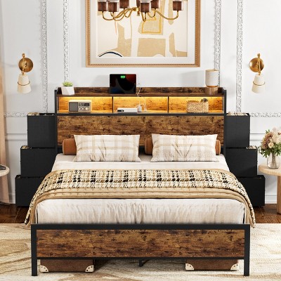WOWLIVE Full/Queen Bed Frame With Bookcase Headboard & 6 Storage Bedside Drawers, Storage Bed With Outlet & LED Light