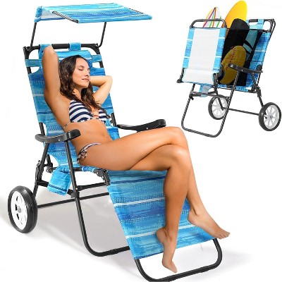 DoCred Folding Beach Chair with Canopy & Wheels, Reclining Lounge Chair Cart for Camping, Tailgates & Fishing
