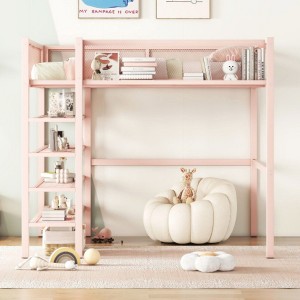 Full Size Loft Bed: Metal Frame, 4-Tier Storage Shelves - 1 of 4