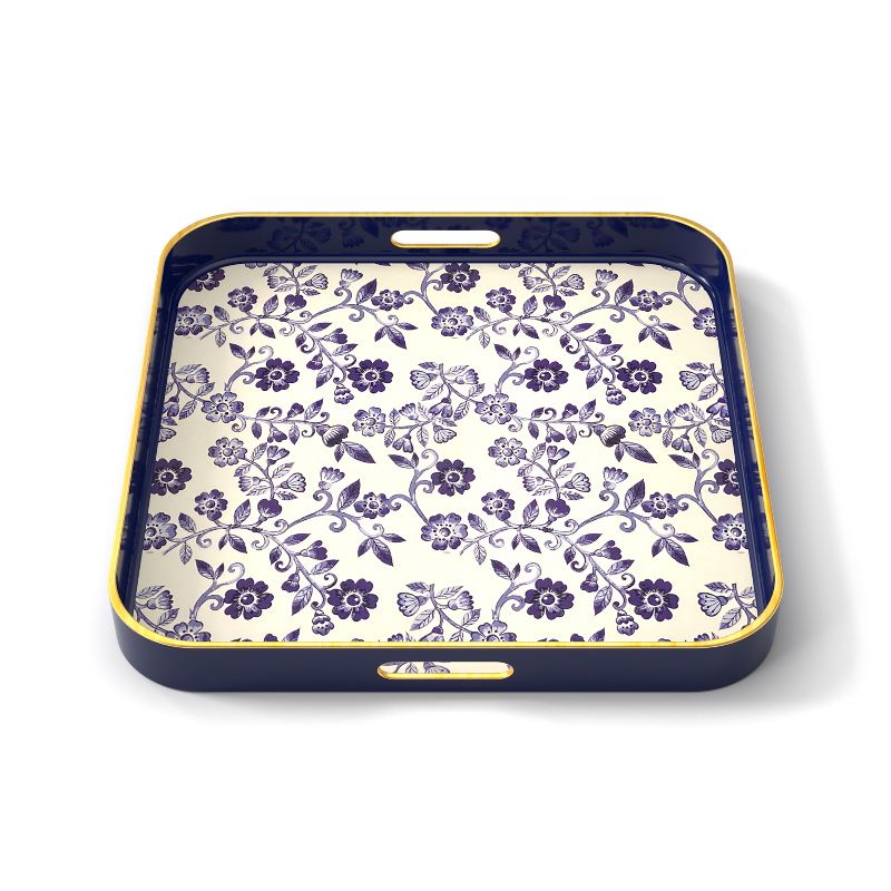 American Atelier 2-Piece Square Serving Trays with Handles, Blue and Floral Design with Gold Rim, 3 of 8