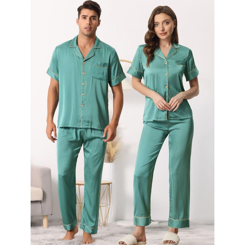cheibear Men's Satin Sleepwear Short Sleeve Button Down T-Shirt with Pants Couple Pajama Set, 2 of 7
