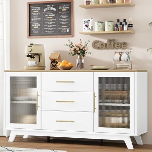 56" Modern Sideboard Buffet Cabinet with Drawers, Fluted Glass Doors, Adjustable Shelves Storage Unit for Kitchen - 1 of 4