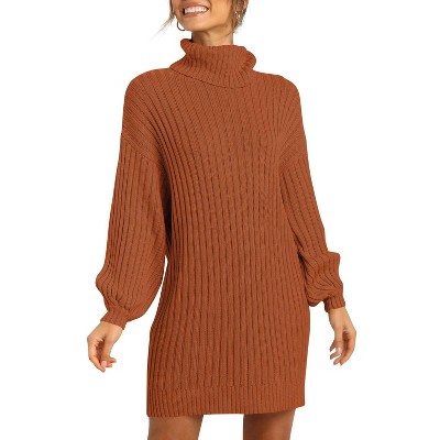 Coolmee Sweater Mini Dress for Women Long Puff Sleeve Turtleneck Sweater Ribbed Knit Oversized Pullover Short Dress