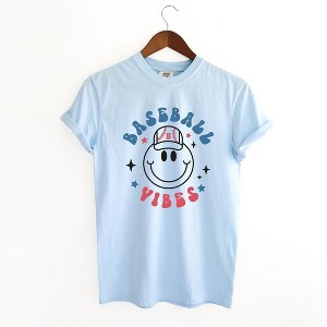 Simply Sage Market Women's Smiley Face Baseball Vibes Short Sleeve Garment Dyed Tee - 1 of 2