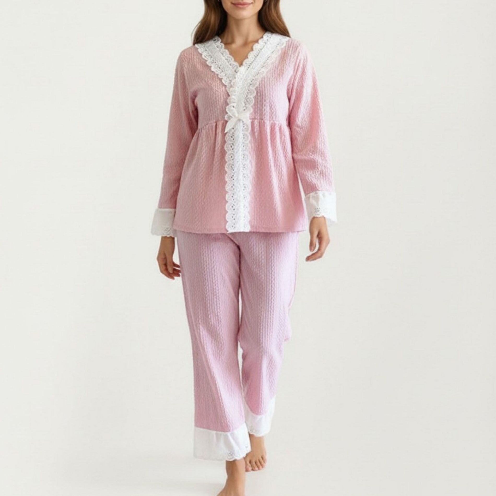 Anna-Kaci Women's 2-Piece Set Long Sleeve Pajama Top with Lace Trim and Matching Relaxed Fit Pants
