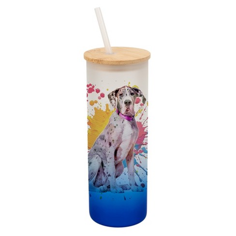 100 North 25 Ounce Frosted Glass Gradient Travel Tumbler With Straw & Wooden Lid, Great Dane Dog Paint Splatter Navy Blue - image 1 of 4