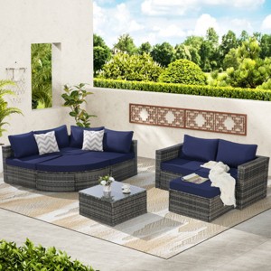 Outdoor 8-Piece L-Shaped Sectional Sofa, Wicker Sofa with Ottoman and Glass Top Table, Free Combination Sofa with Foam Cushions–Cuddlewood - 1 of 4