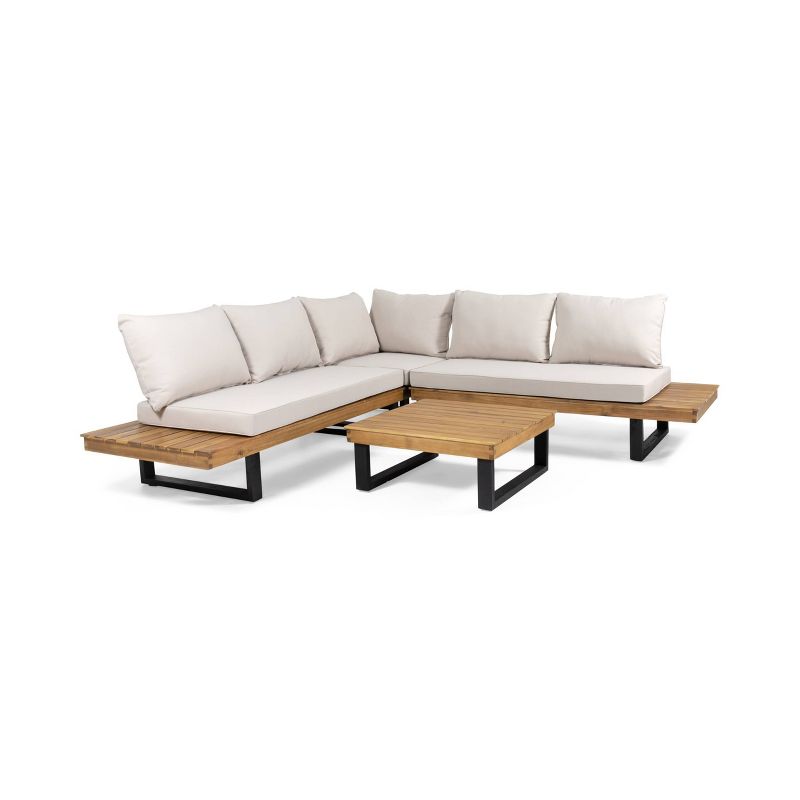 Sebastian 4pc Outdoor Acacia Wood 5 Seater Sofa Sectional with Cushions - Teak/Beige - Christopher Knight Home, 1 of 8