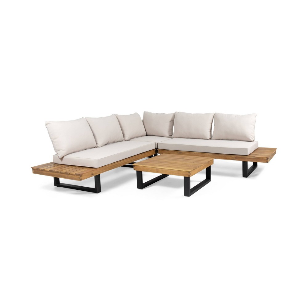 Sebastian 4pc Outdoor Acacia Wood 5 Seater Sofa Sectional with Cushions - Teak/Beige - Christopher Knight Home