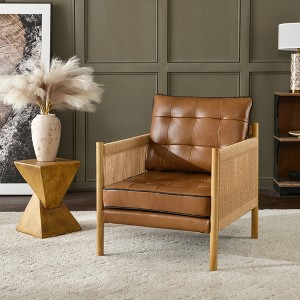 KINWELL Mid-Modern Accent Chair with Jute Rope Arms & Top-Grain Leather Upholstery - 1 of 4