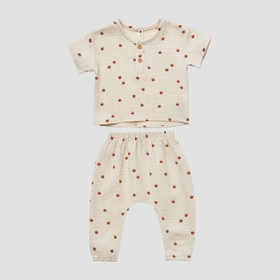 Q by Quincy Mae Baby 2pc Apples Gauze Short Sleeve Top & Bottom Set - Off-White 0-3M