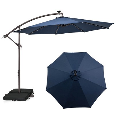 Costway Patio 10FT Hanging Offset Umbrella 32 LED Lights Sand Bag Outdoor Cross Base Beige/Turquoise/Dark Gray/Wine/Coffee/Navy