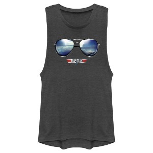 Juniors Womens Top Gun Aviator Sunglasses Reflection Logo Festival Muscle Tee - 1 of 4