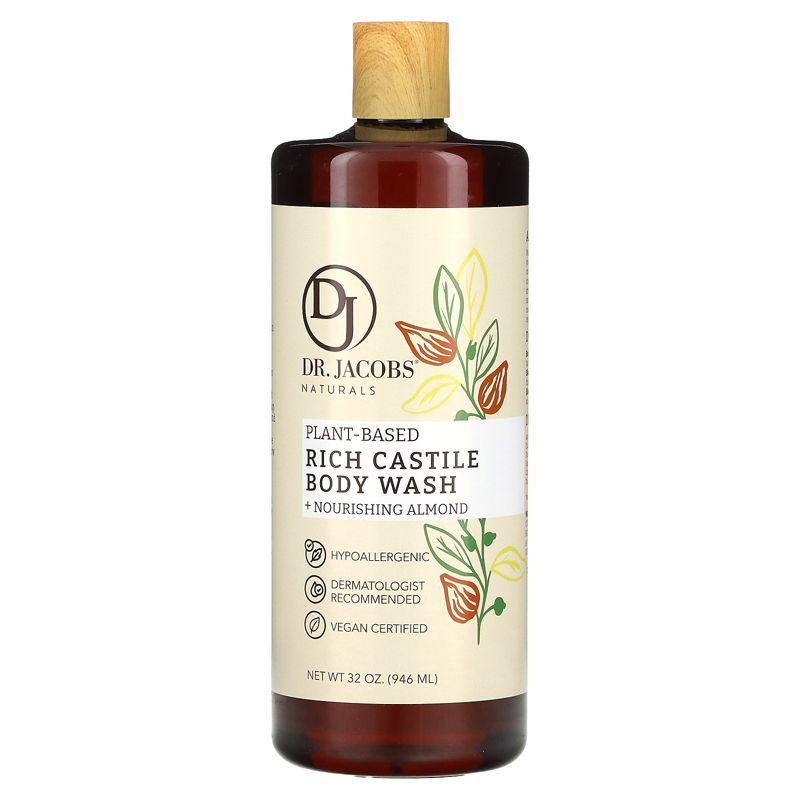 Dr Jacobs Naturals Pure Castile Liquid Soap Gel - Moisturizing (Almond Honey, 32 oz 1-Pack) Made with Premium Organic Oils - Vegan, No Palm Oil, GMO, 1 of 3