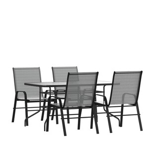 Emma and Oliver Five Piece Patio Table Set with Metal Table with Tempered Glass Top and 4 Flex Comfort Stacking Chairs - 1 of 4