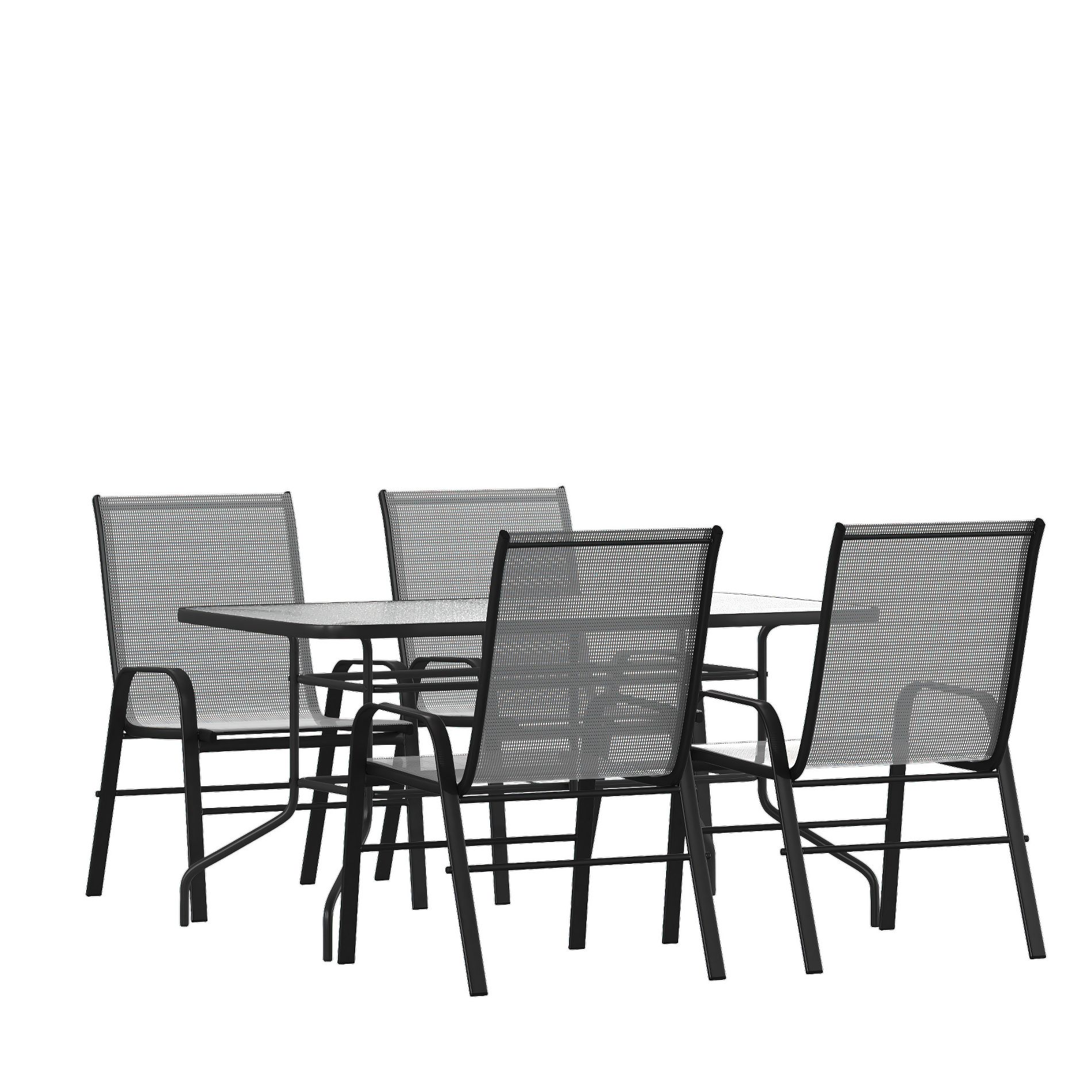 Emma and Oliver Five Piece Patio Table Set with 31.5" x 55" Metal Table with Tempered Glass Top and 4 Gray Flex Comfort Stacking Chairs