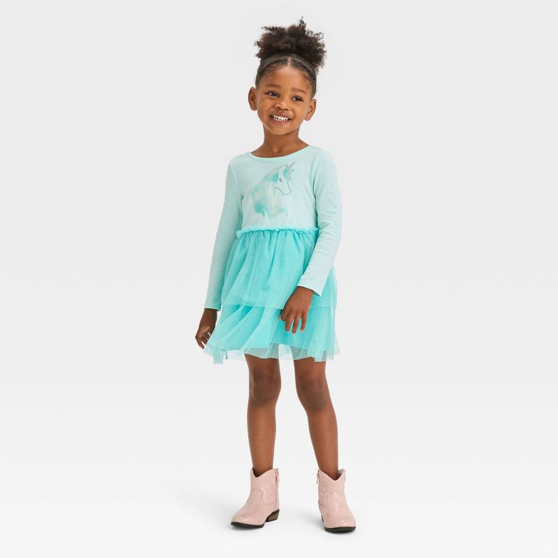 Toddler Girls' Unicorn Long Sleeve Dress - Cat & Jack™ Aqua Blue, 4 of 7