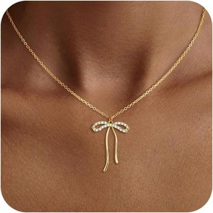 Gold Bow Pendant Necklace for Women, 14K Gold Plated CZ Bead Choker Christmas Gift - 1 of 4