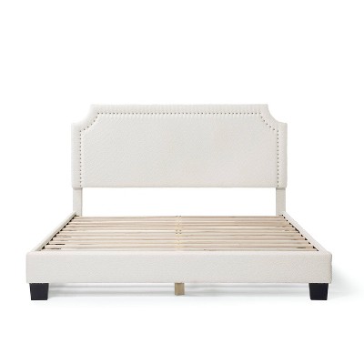 White Boucle Upholstered Queen Bed with Nailhead Trim and Wood Frame
