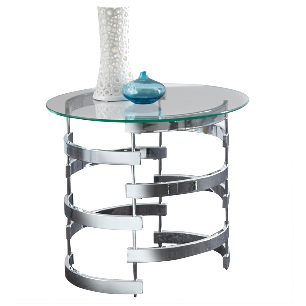 Tayside End Table Glass and Chrome - Steve Silver Co.: Circular, Chrome Frame, Tinted Top