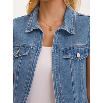 INSPIRE CHIC Women's Denim Turndown Collar Cap Sleeves Open Front Cropped Jean Jacket Medium Blue — фото 5