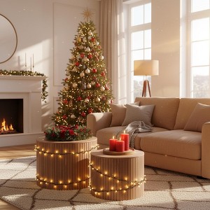 Homy Casa Set of 2 Round Nesting Coffee Tables with Cylinder Base for Living Room and Small Spaces, Walnut Finish - 1 of 4