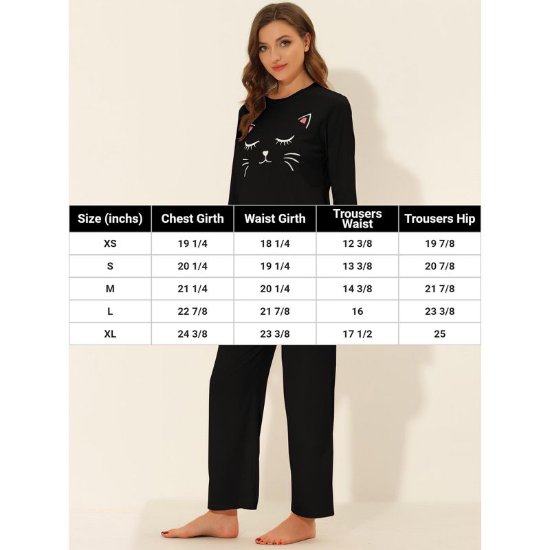 cheibear Women's Lounge Cute Cat Long Sleeve Tops with Pants Pajama Set, 5 of 6