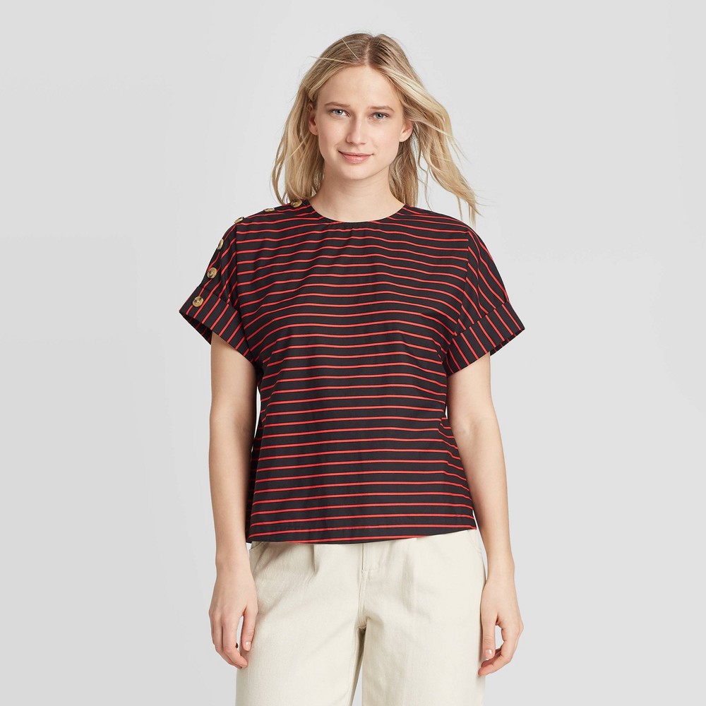 Women's Striped Short Sleeve Button Blouse - Who What Wear Black M was $24.99 now $17.49 (30.0% off)