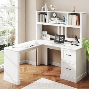 Zevemomo 60" L Shaped Desk with Hutch and Drawers, Corner Computer Desk with Open Storage Shelves,for Home Office or Bedroom, Modern white - 1 of 4