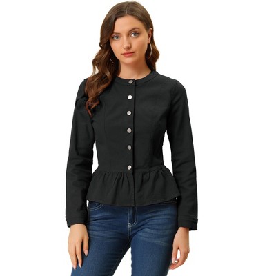 INSPIRE CHIC Women's Peplum Collarless Round Neck Button Down Cropped Ruffle Hem Denim Jackets