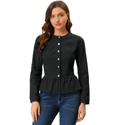 Allegra K Women s Peplum Collarless Round Neck Button Down Cropped Ruffle Hem Denim Jackets Blacks Small Target