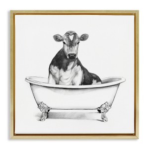 Stupell Industries Cow in Bathtub Sketch Floating Frame Canvas Art - 1 of 4