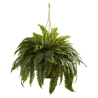 Nearly Natural Green Plastic Fern Hanging Basket
