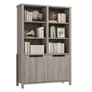 70.7" Tall 5-Tier Bookshelf with Doors - Double Wide Bookcase w/Adjustable Shelves & Cabinet Storage, Farmhouse Bookcase for Living Room/Office - 1 of 4