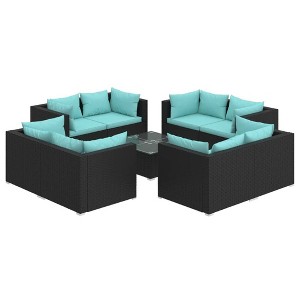 vidaXL Patio Lounge Set Outdoor Sectional Sofa Set Table Garden Poly Rattan - Black and Blue 8x Corner + Table - 1 of 4