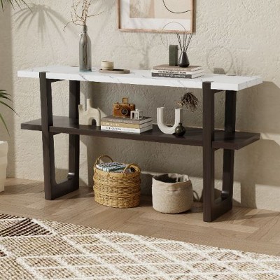 PAGED Mediterranean Narrow Console Table with Marble-Effect Top, Retro Entryway Table with Open Shelf, 2-Tier Storage Sofa Table for Entryway