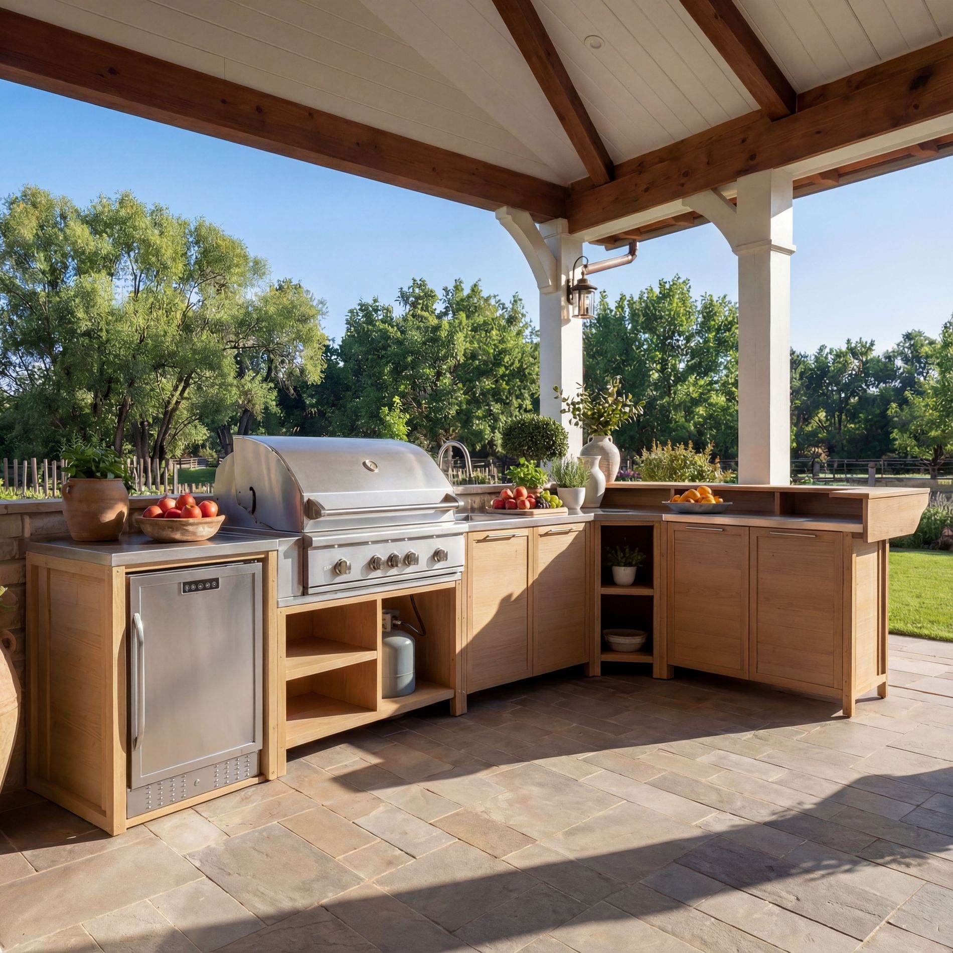 Famapy Cedar Wood Outdoor Kitchen Island,Outdoor Grill Station for Patio,Backyard,BBQ Island with Stainless Steel Countertop & Sink