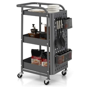 Tangkula 3-Tier Utility Storage Cart Metal Rolling Trolley w/ DIY Pegboard Baskets - 1 of 4