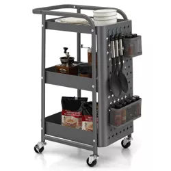 Tangkula 3-Tier Utility Storage Cart Metal Rolling Trolley w/ DIY Pegboard Baskets