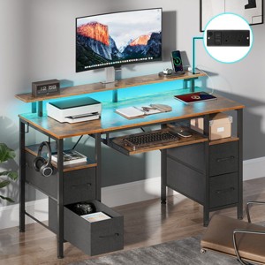 Greenstell Computer Desk with Monitor Shelf, Led Light & Charging Station, Home Office Desk with 4 Storage Drawers & Keyboard Tray - 1 of 4