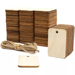 100pcs Unfinished Wood Gift Tags, 1.3" x 2" Rectangle Shaped Hanging Wood Cutouts with Hemp Rope for DIY Craft Projects
