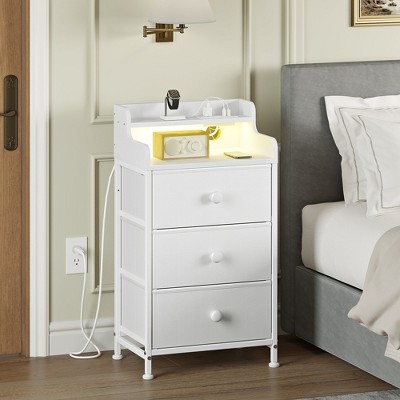 WOWLIVE Nightstand With 3 Drawers & 2-Tier Open Shelf, Bedside Table With LED& 2 USB Ports, Stable Metal Frame
