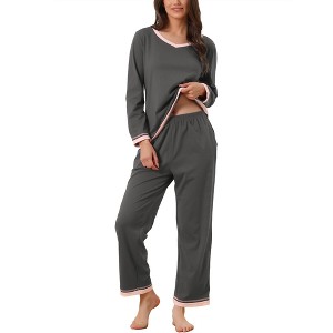 cheibear Women's Long Sleeve Shirt and Long Pants with Pocket Loungewear 2 Pieces Sleep Sets - 1 of 4