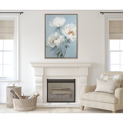 White Peonies on Ocean Blue Canvas with Gold Beaded Frame