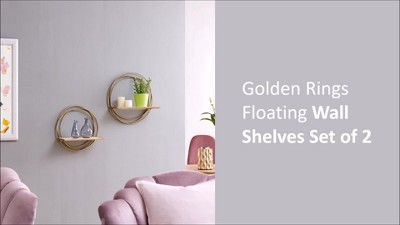 Gold Metal Rings Floating Wall Shelves with Whitewash Wood