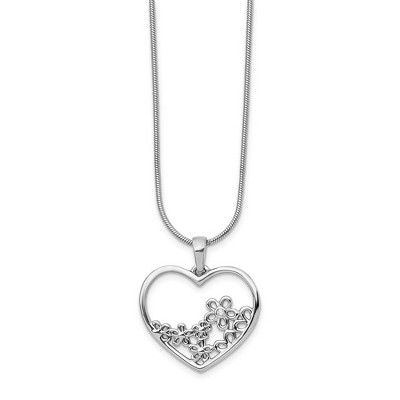Black Bow Jewelry Heart & Flower Diamond Necklace in Rhodium Plated Silver, 18-20 Inch