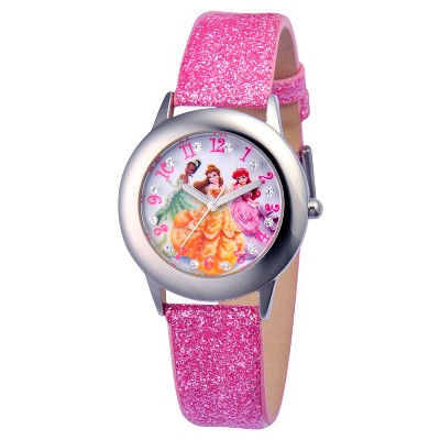 Girls' Disney Princess Tiana, Belle, and Ariel Stainless Steel Glitz Watch - Pink