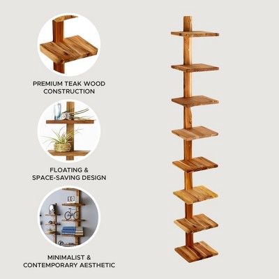 Large Teak Trapezoid Wall Mount Column Shelf