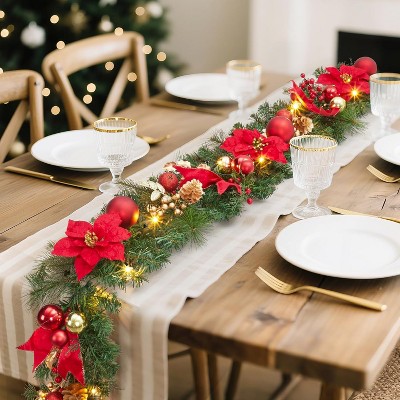 Christmas Garland for Fireplace, 6ft Pre Lit Xmas Garland with Artificial Flowers Pinecones Ball Ornaments for Mantle Fireplace Stairs