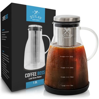 Cold Brew Coffee Maker with Shock-Resistant Glass Carafe, Stainless Steel Mesh Filter and Non-Slip Silicone Base - 1 Liter